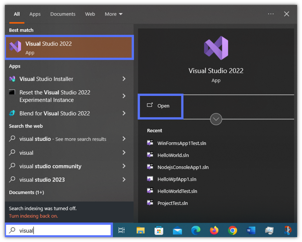 A screenshot that shows how to open Visual Studio 2022 on a Windows 10 device.