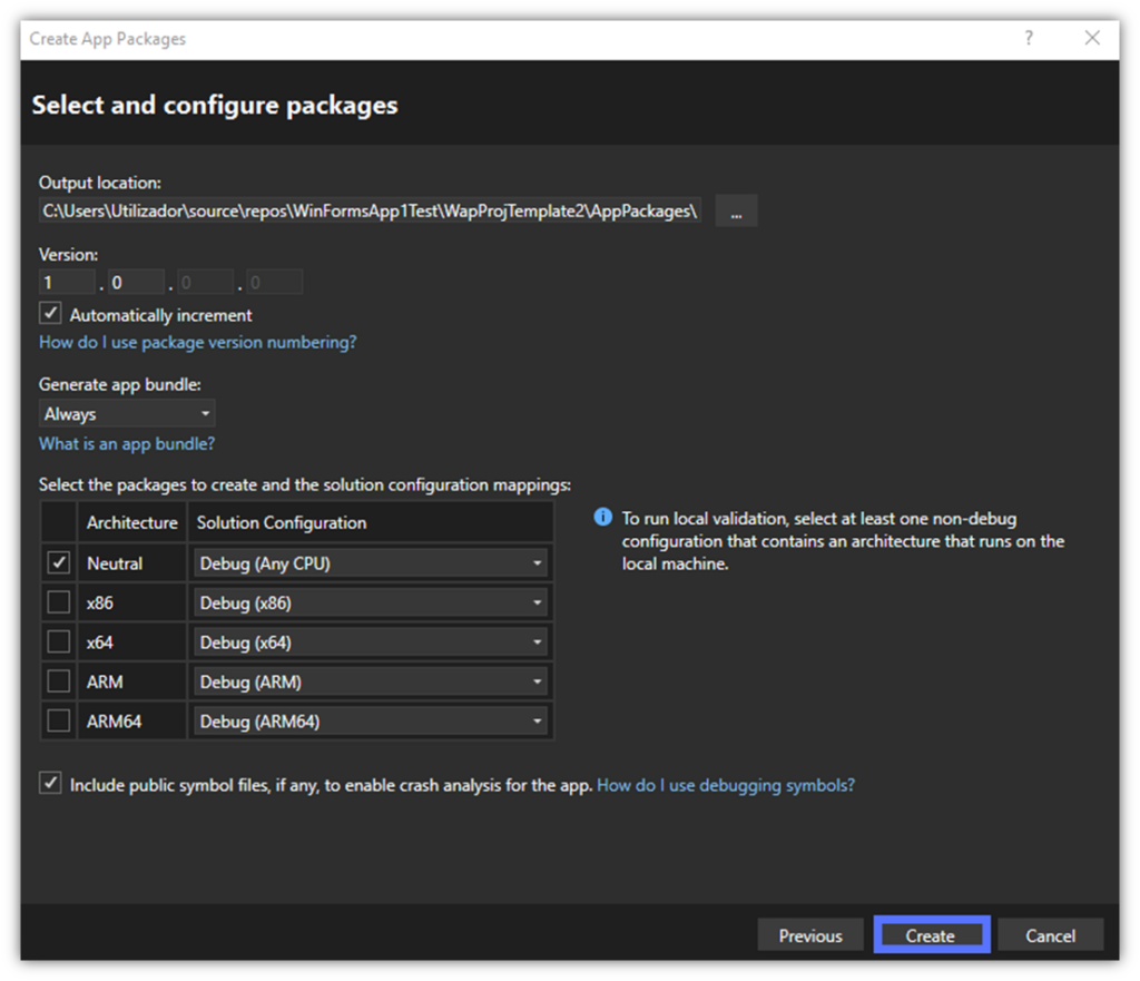 A screenshot that shows an example of how to configure your app package in Visual Studio