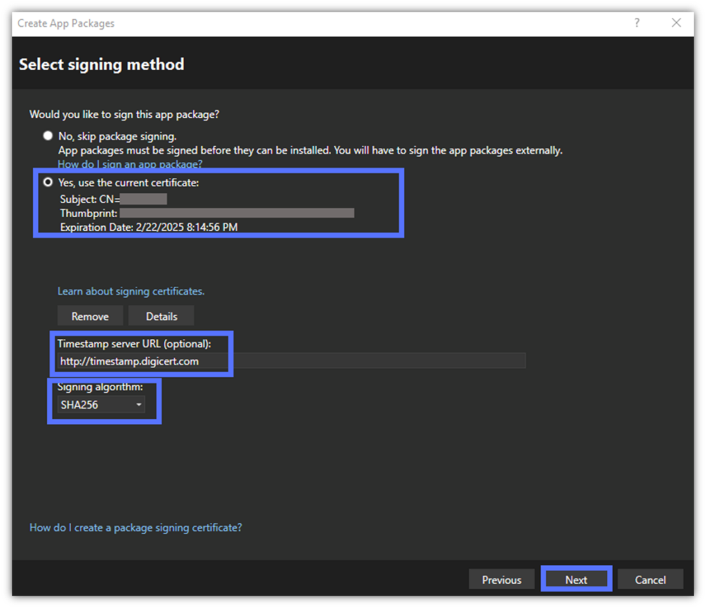 A screenshot of the information that displays once you've selected your Azure Key Vault signing certificate in Visual Studio and added your CA's timestamp server information.