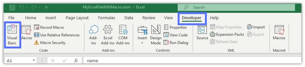 A screenshot demonstrating how to access Excel's navigation
