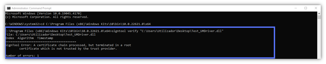 A screnshot example of the Microsoft SignTool verify command that shows a driver isn't signed by a certificate that chains back to a trusted provider