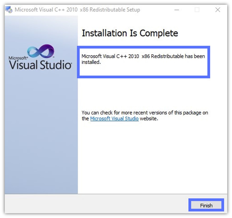 A screenshot of the Visual Studio installer screen, which shows that the Microsoft Visual C++ 2010 x86 Redistributable successful installation screen