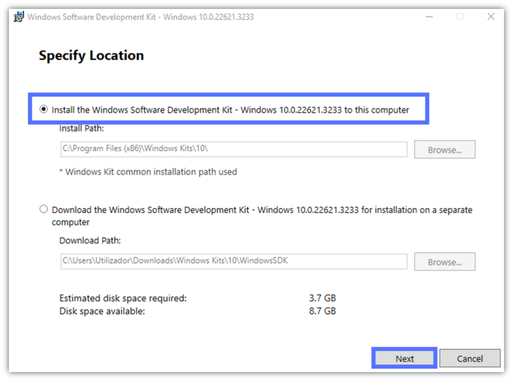 A screenshot of the install wizard window where you can select the location to install the Windows SDK toolkit onto your device