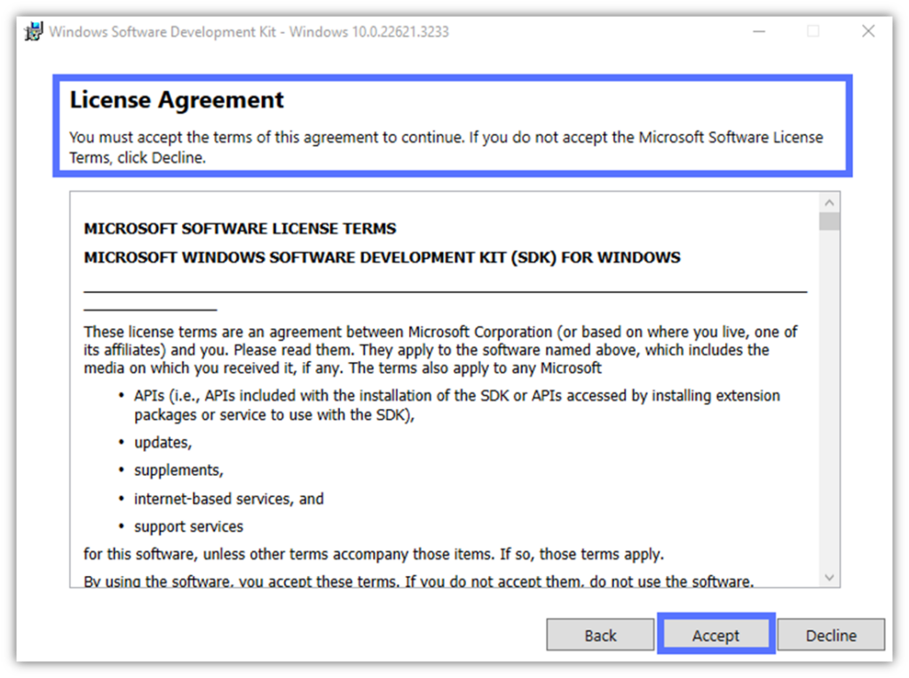 Windows user license agreement window