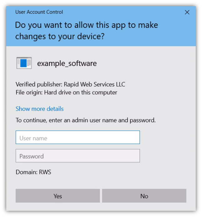 An example of the User Account Control (UAC) verified publisher information that displays when a user tries to install your digitally signed software app