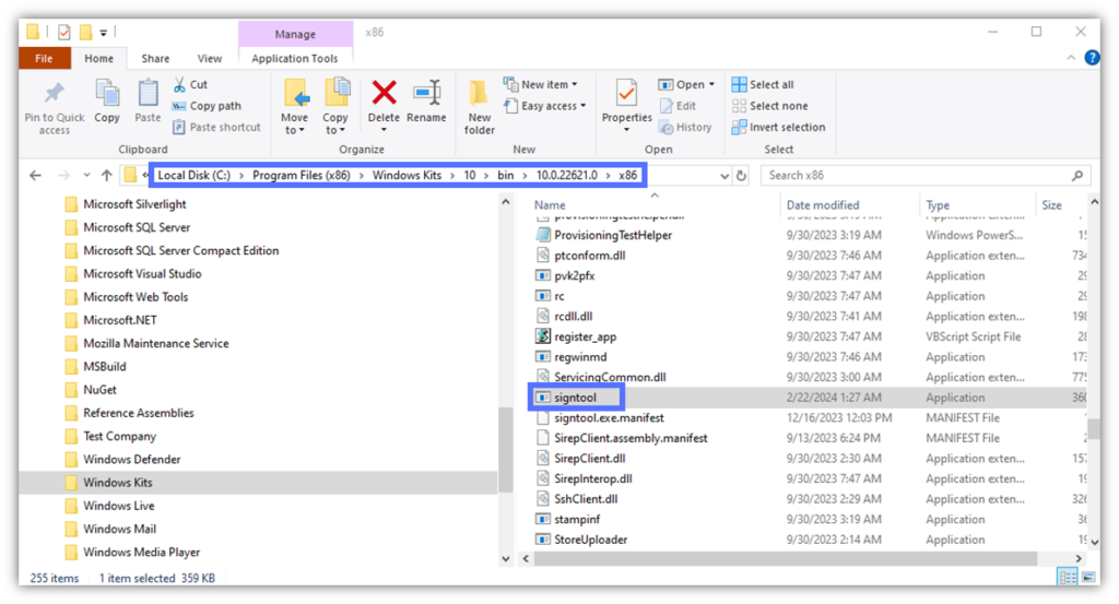 A screenshot showing where to find SignTool.exe on Windows 10