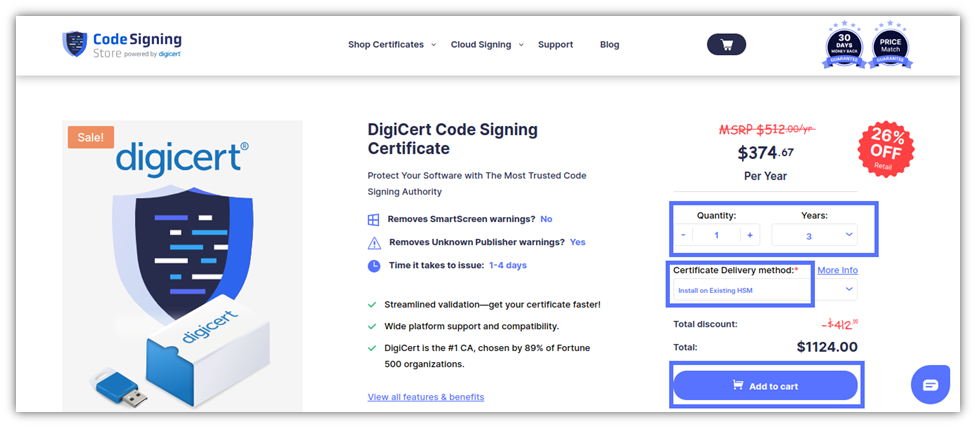 A screenshot of the selections you can make when purchasing a code signing certificate without a hardware token. 