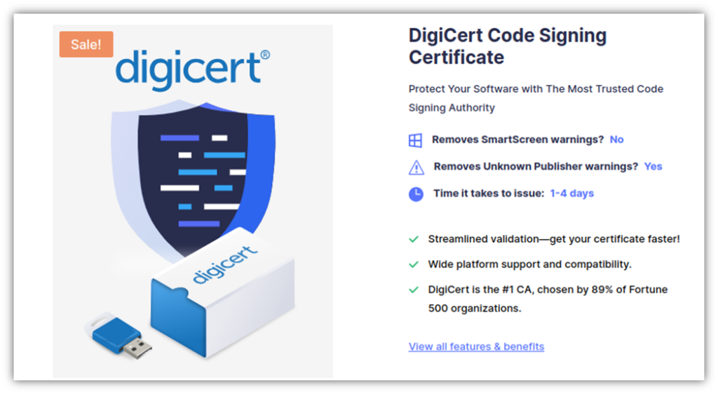 A screenshot of a DigiCert code signing certificate product page