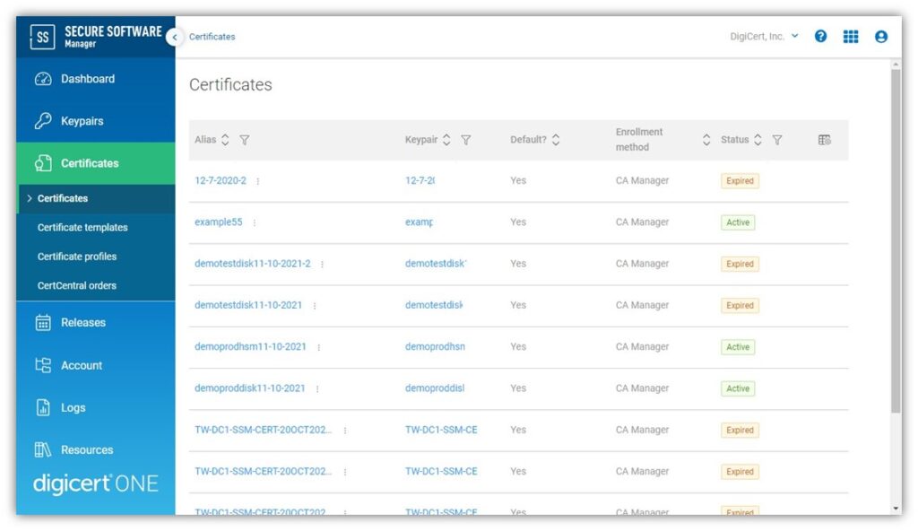 A screenshot example of DigiCert's Software Trust Manager (formerly Secure Software Manager) enterprise solution