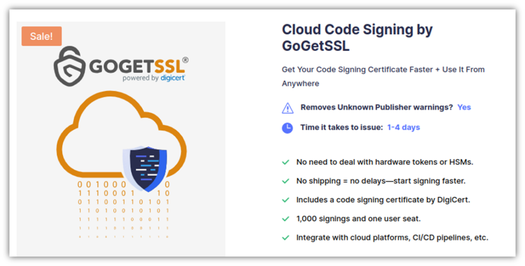 A screenshot of a GoGetSSL cloud code signing certificate product page 