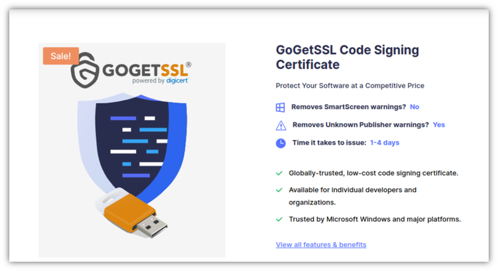 A screenshot of a GoGetSSL code signing certificate product page