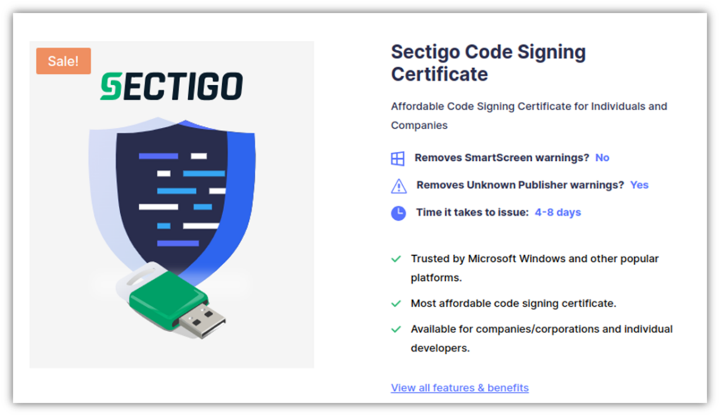 A screenshot of a Sectigo code signing certificate product page