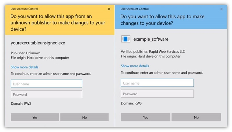 A side-by-side comparison that shows the User Account Control messages that appear when users either sign using a self-signed certificate (or no certificate) on the left, and a publicly trusted certificate on the right.