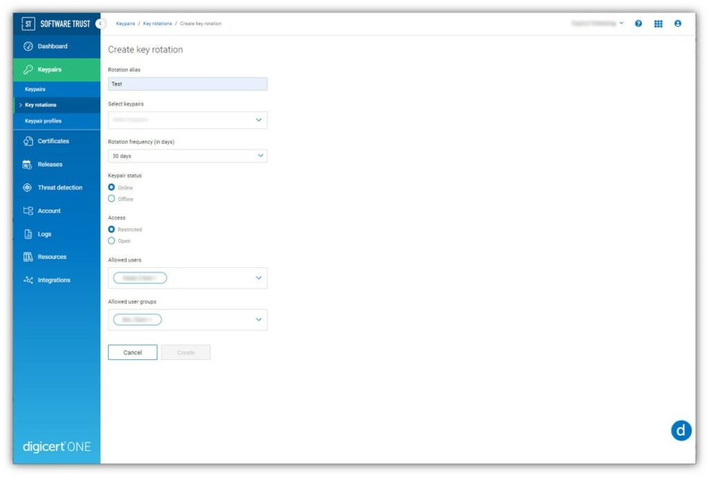 A screenshot of the key rotation feature of the DigiCert Software Trust Manager platform