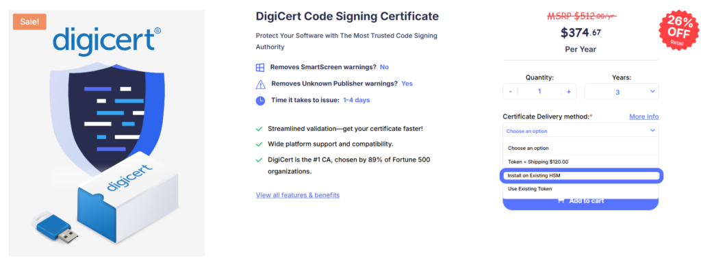 A screenshot showing where to select an existing HSM as the delivery method on CodeSigningStore.com