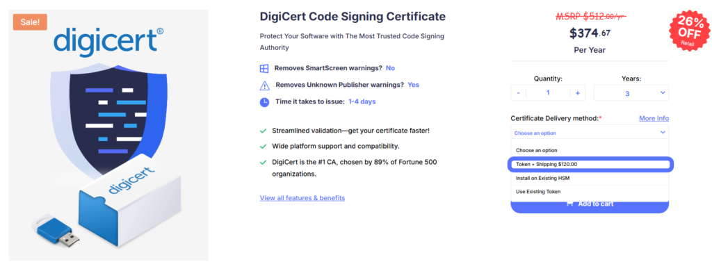 A screenshot showing where to select a secure hardware token as the delivery method on CodeSigningStore.com