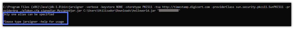 Screenshot example of the mesage "Jarsigner error: only one alias can be specified"