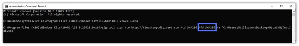 A screenshot showing where to insert the /fd tag in SignTool when signing your code an specifying your digest algorithm