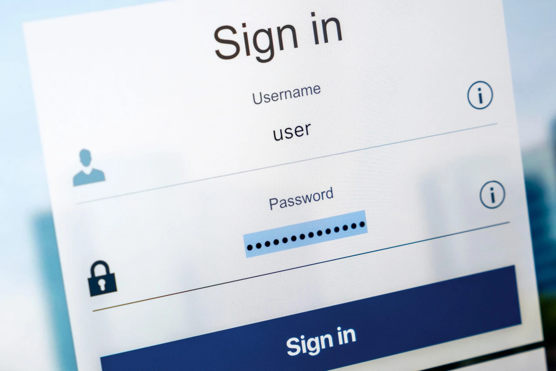 Email Login screen. Username and password in Internet browser on computer screen