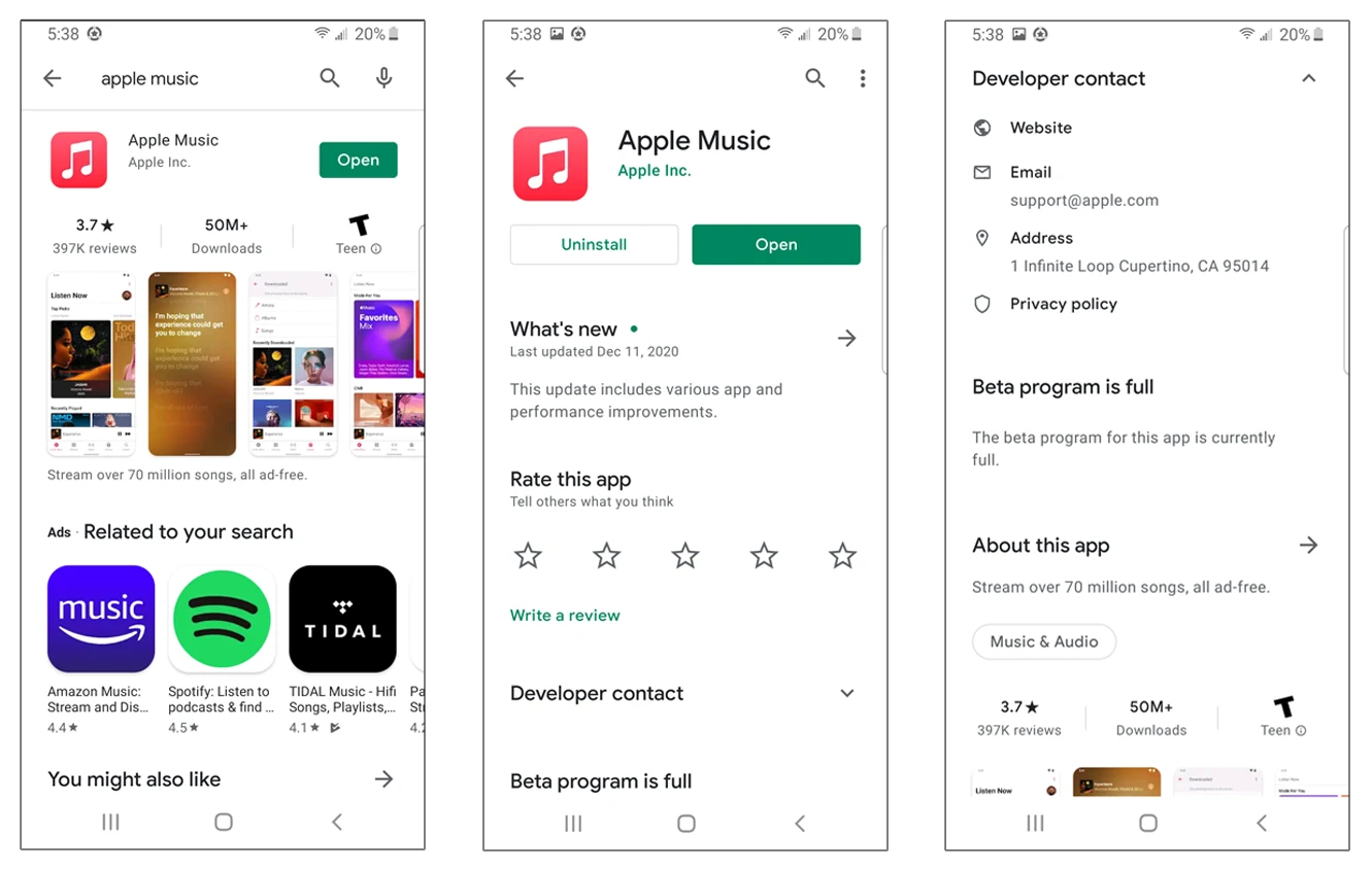 apple music This three-part screenshot showcases how an app developer’s information may appear in Google Play Store